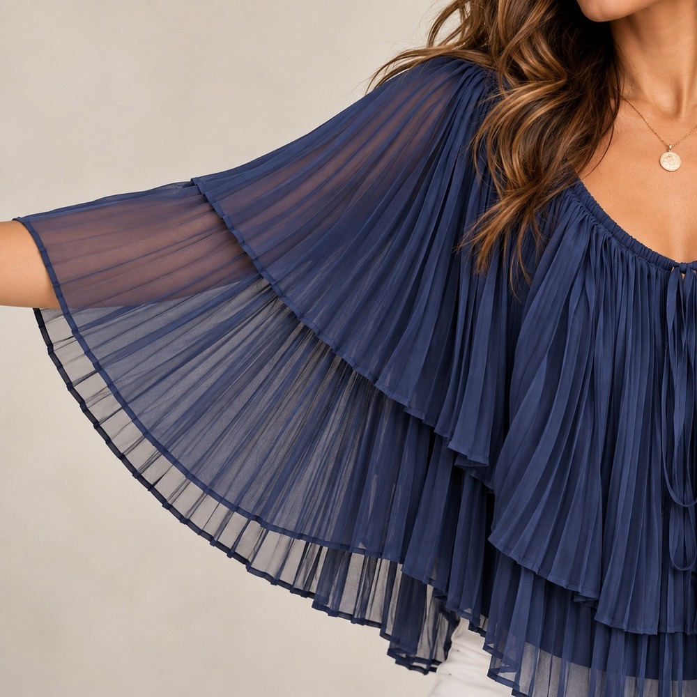 English Factory Pleated Tiered Top Navy Blue Blouse Ethereal Coquette Sz M